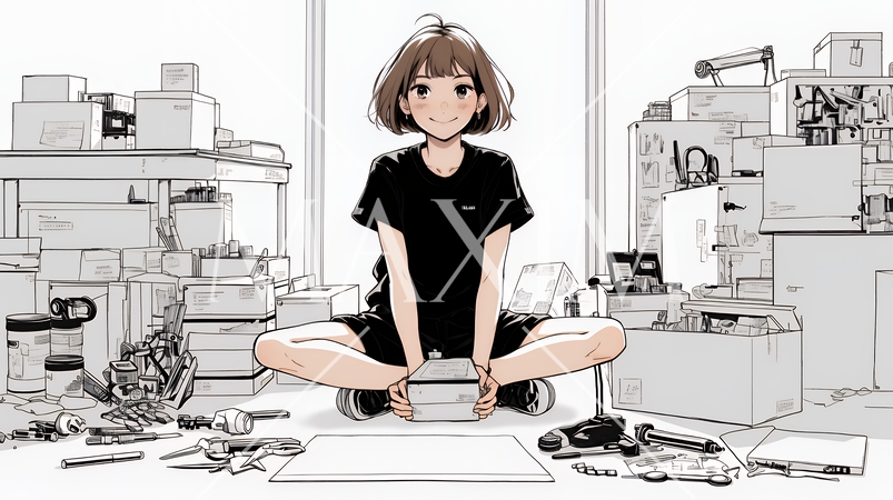 引っ越しの荷造り・荷解きをしている若い女性（シンプルな色使い）