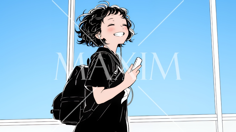 嬉しそうな表情でスマホを使っている女性（シンプルな色使い）