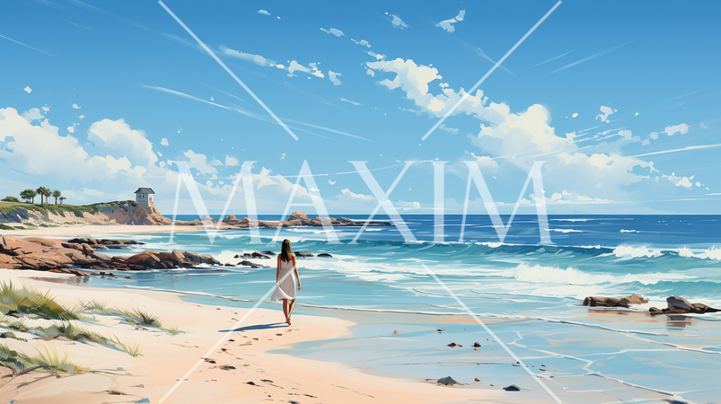 南国の青い空の下、美しい浜辺を歩く若い女性：水彩画