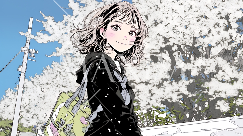 満開の桜の木の下を歩く制服姿の女子高生