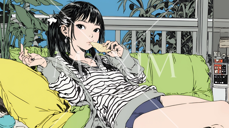 ポテトチップスをつまみながら、ひとりでビデオを観る若い女性