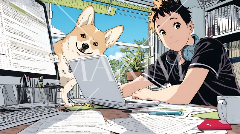 自宅でのリモートワークの場面：ペットのイヌと奮闘中