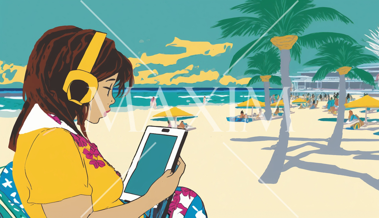 海辺のリゾートに来ているのに仕事のデジタルデバイスを手放せない女性