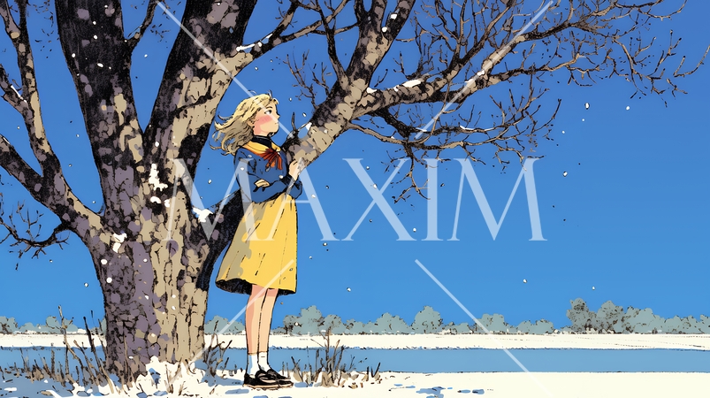 冬枯れの郊外の道を歩く若い女性