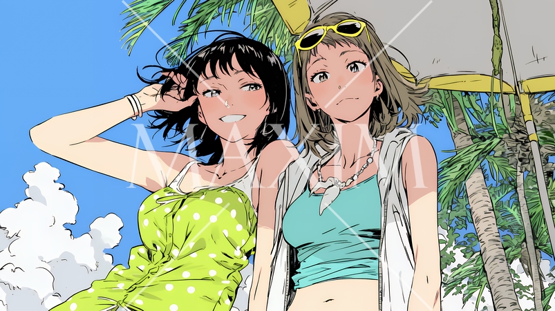 ビーチリゾートを満喫する若い女友達たち