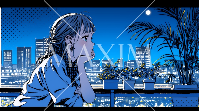 ベランダで夜風に当たりながら都会のランドスケープを眺め休む若い女性