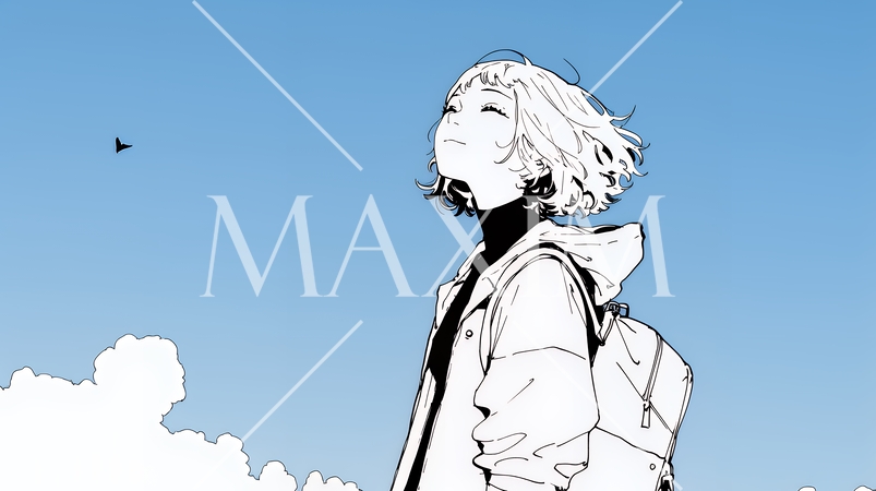 ぼんやり空を見上げている若い女性（シンプルな色使い）