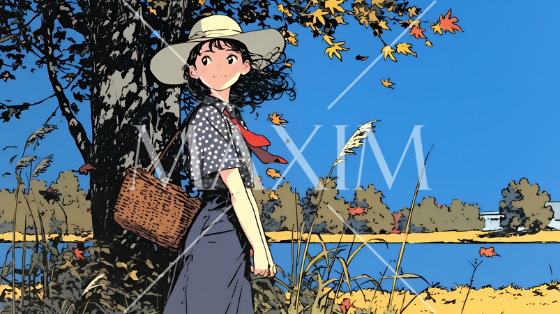 水辺の紅葉の小径を散策している若い女性