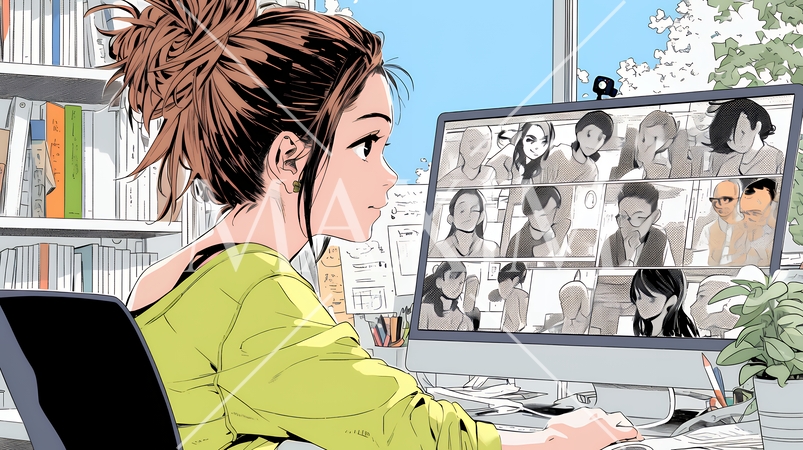 自宅からオンライン会議・授業に参加している女性