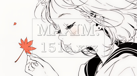 落ち葉をつまんで眺める若い女性｜秋を感じる女性のイラスト（シンプルな色使い）（イラストID:7390725-20503）