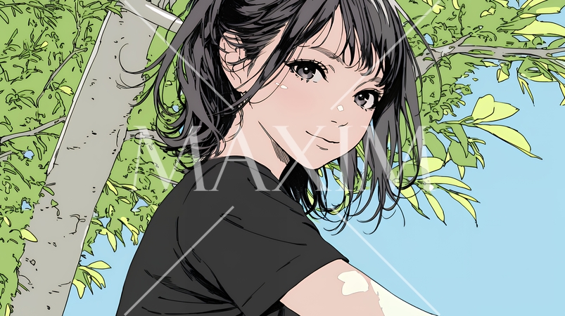 木陰で涼んでいる若い女性