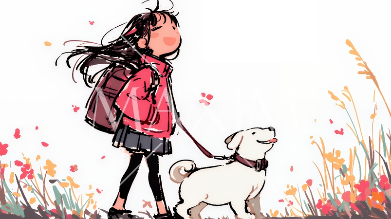 愛犬と散歩をしている女の子（クレヨン＋水彩画風）