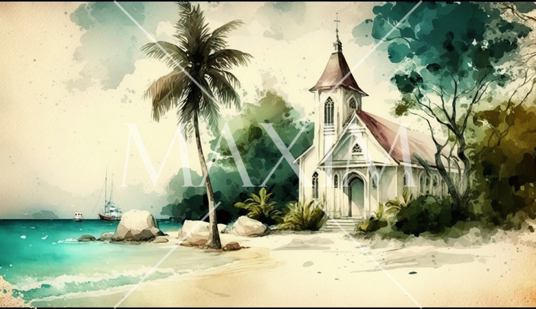 海辺に建つ教会（チャペル）の水彩画