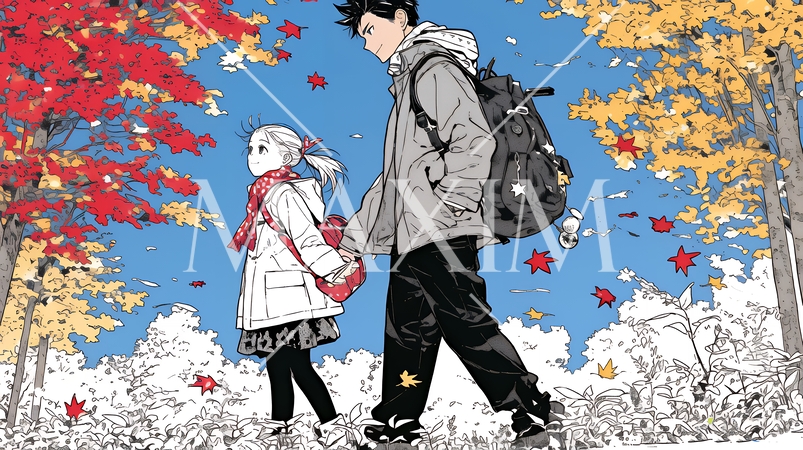 紅葉の小径を仲良く歩く少女と父親