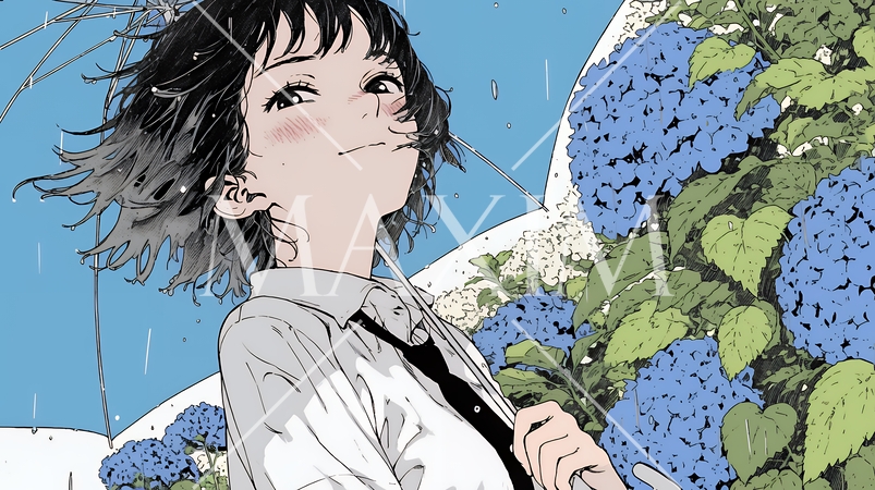 アジサイと梅雨の長雨と若い女性