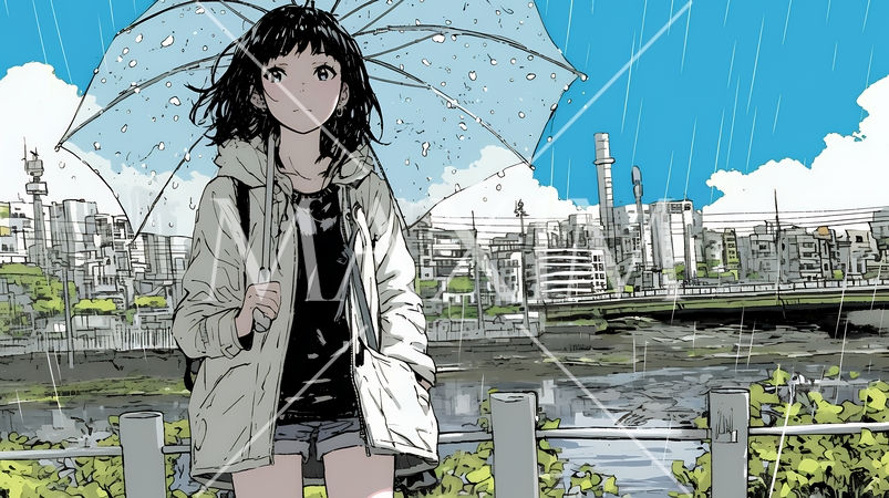 雨の中を歩く女性と都会のランドスケープ