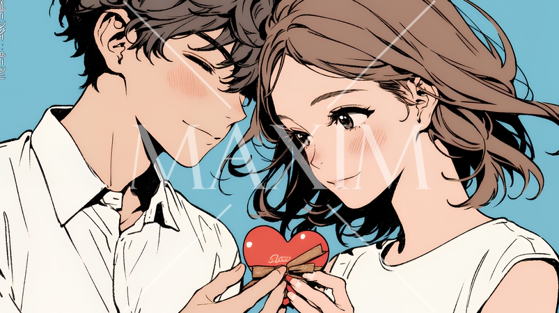 バレンタインディのチョコを男性に渡そうとしている若い女性