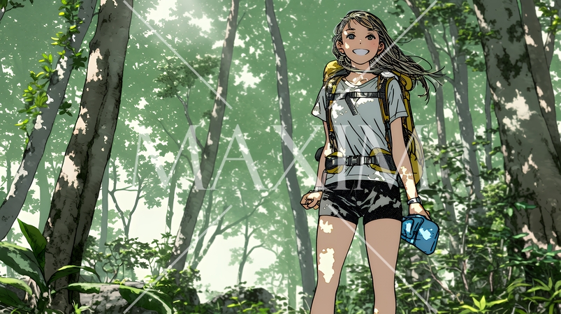 初夏の森でトレッキングを楽しむ若い女性｜新緑とアウトドアの爽やかなライフスタイル