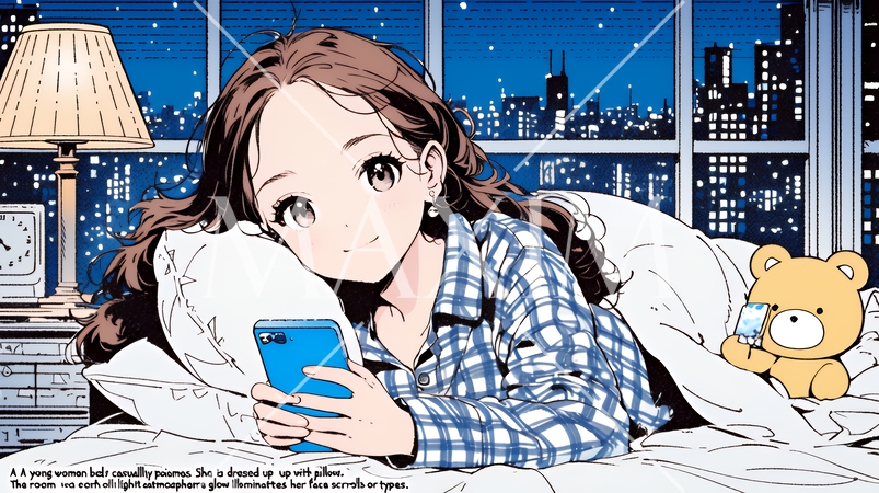 ベッドに横になってスマートフォンをいじくっている若い女性