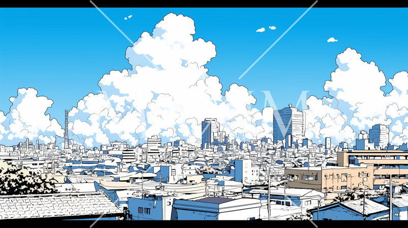 都市の町並みと夏の青空