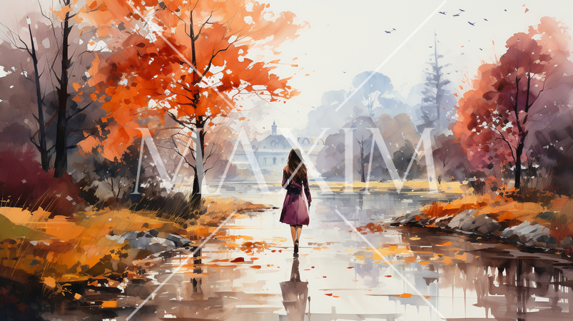 若い女性がいる秋の公園：木々が色づいている水彩画