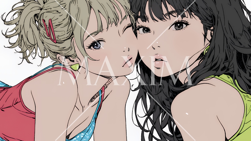 親しい女友達が決めポーズで写真撮影。