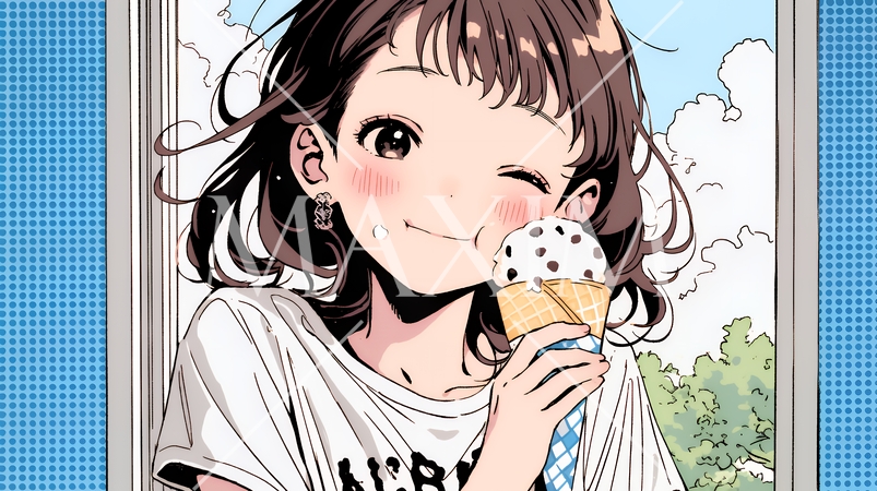 夏空の下でソフトクリーム（コーンに乗ったアイスクリーム）をたべる若い女性