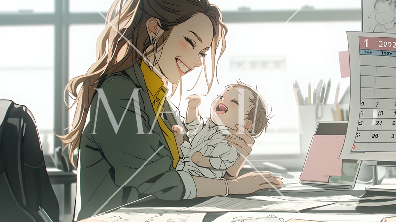 赤ん坊を抱きながらデスクワークをしている女性