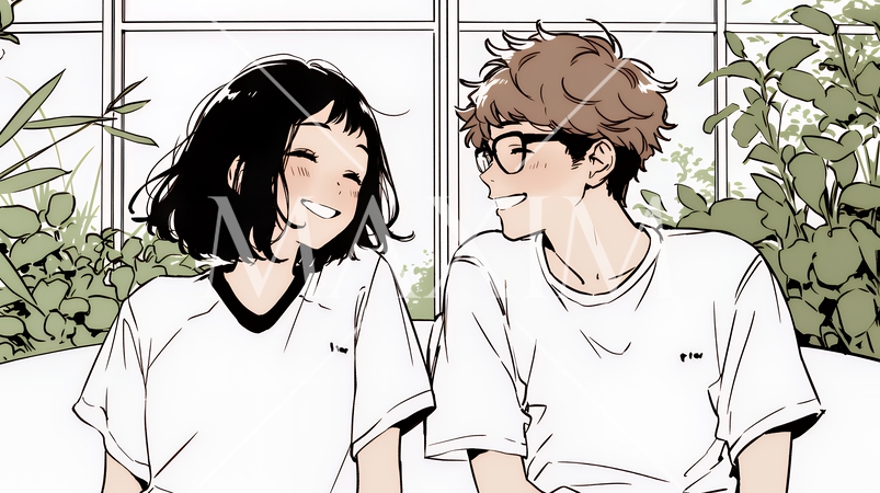 幸せそうなカップル：リビングルームて談笑（シンプルな色使い）