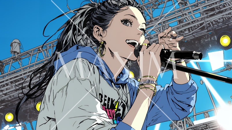 ステージでマイクを握り、情熱的に歌い上げる女性