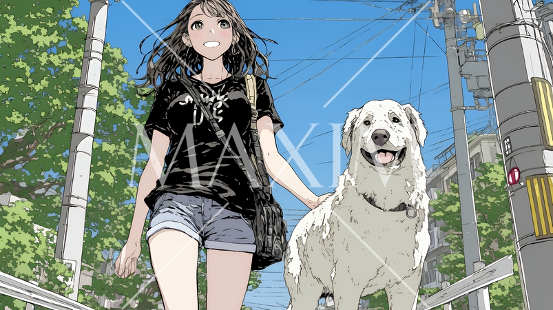 愛犬と散歩している若い女性