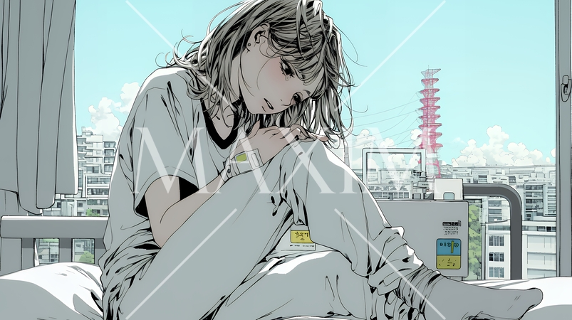 病院のベッドに腰掛けて気落ちしている女性