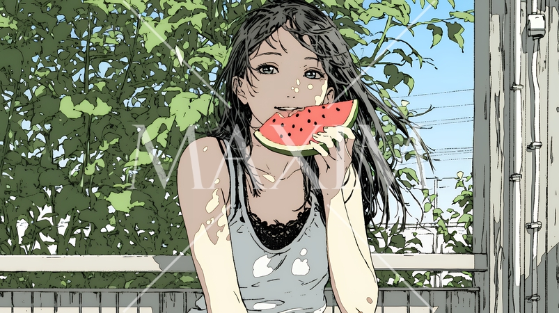 スイカを縁側で食べている若い女性