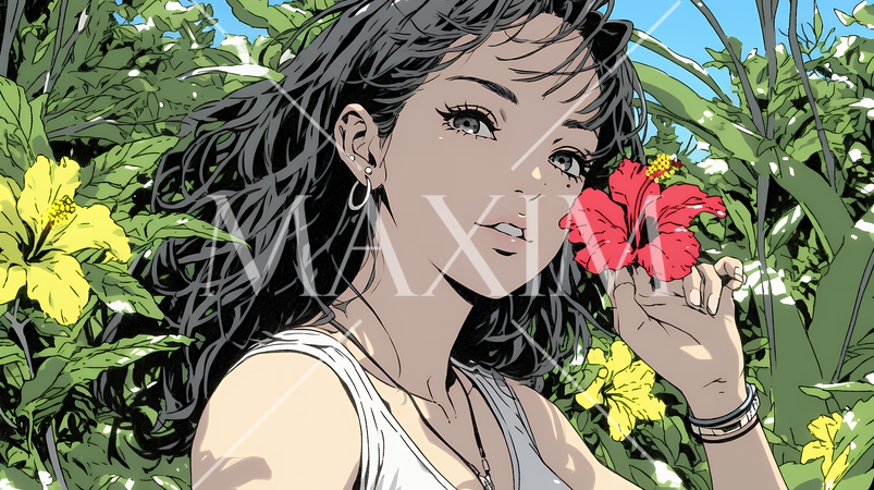 ハイビスカスと若い女性