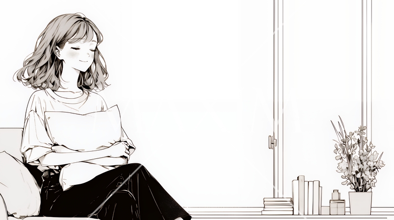 ソファでクッションを抱えてくつろぐ若い女性（シンプルな色使い）