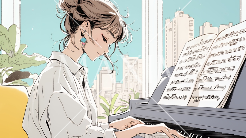 ピアノを弾いている若い女性