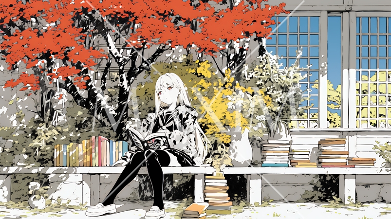 読書の秋：紅葉の木の下で本を読んでいる若い女性