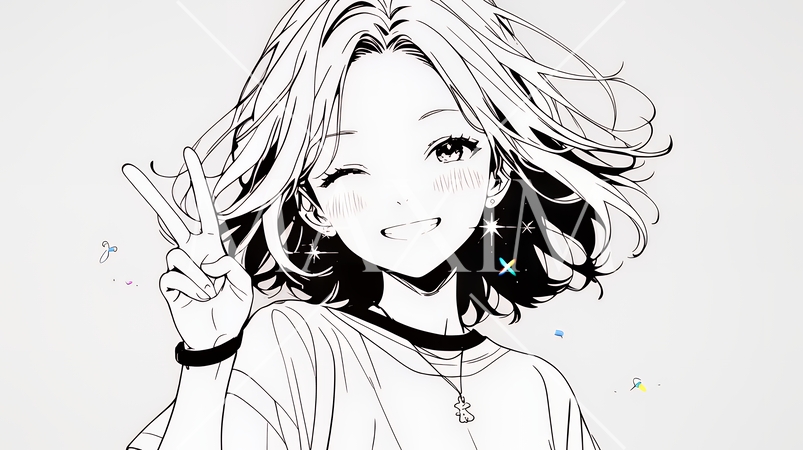 笑顔でピースサインを見せる若い女性（シンプルな色使い）