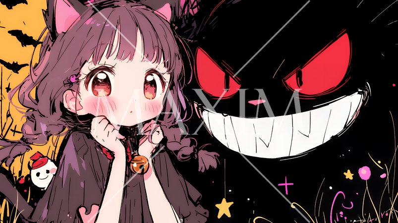 キモかわいいハロウィーンコスプレの女の子（クレヨンと水彩画風）