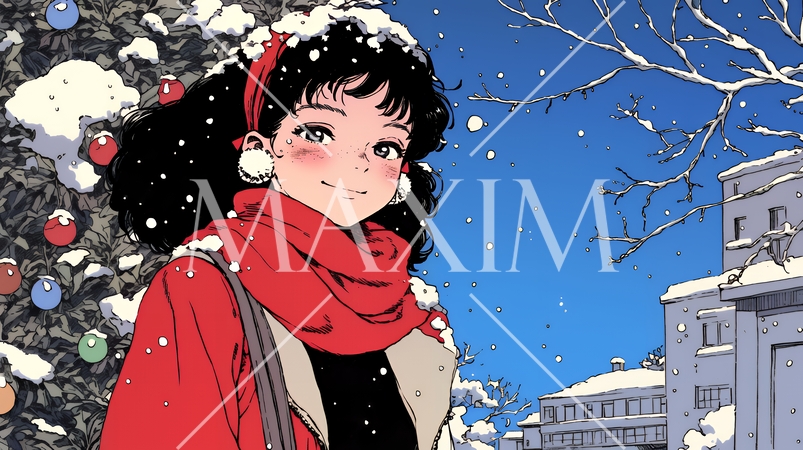 ホワイトクリスマスの街を歩く若い女性