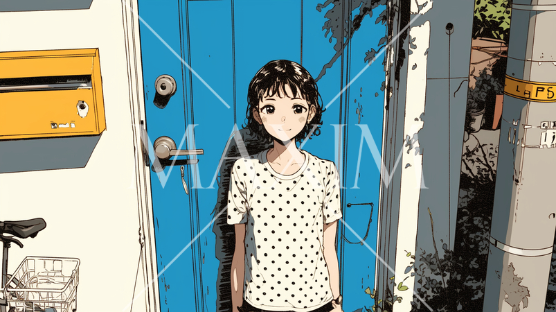 自宅前の玄関に立つ少女：散歩に出かける