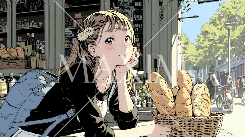 近所のパン屋で焼きたてパンを買う若い女性