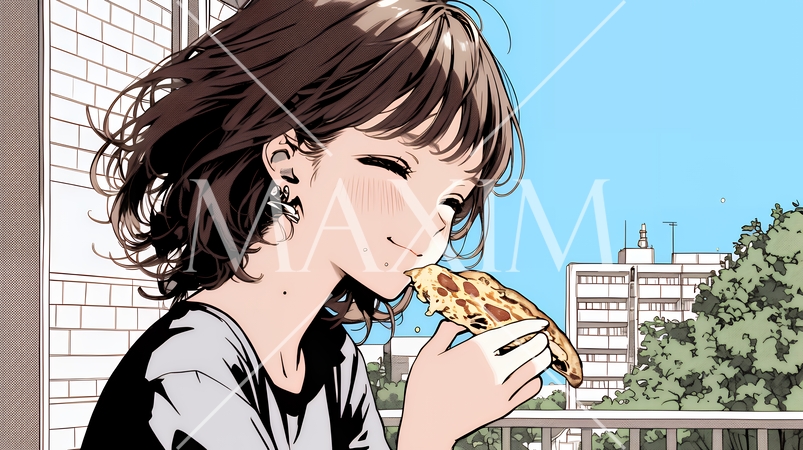 ピザを食べている若い女性