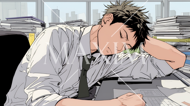 疲れ切った様子でオフィスデスクでため息をついているビジネスマン