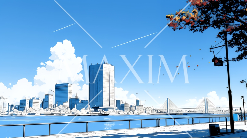 都市の町並みと青空（シンプルな色使い）