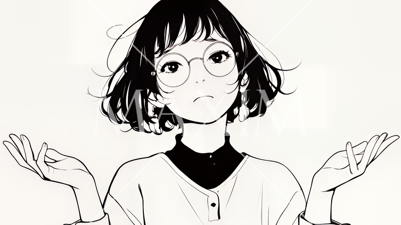 肩をすくめて困惑・諦めの仕草をしている若い女性（シンプルな色使い）