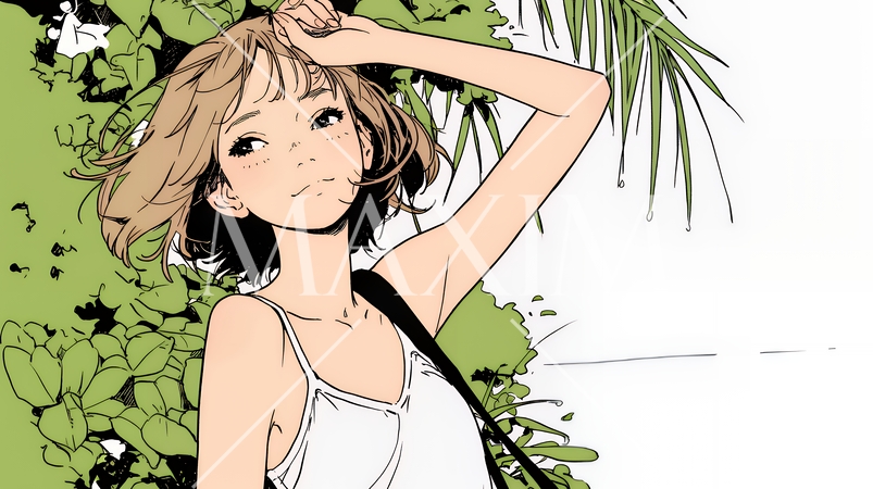 一人旅の若い女性と夏のビーチの風景（シンプルな色使い）