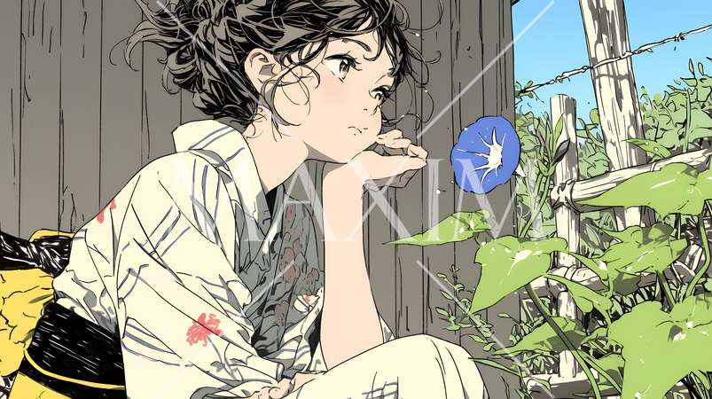 アサガオと浴衣姿の若い女性