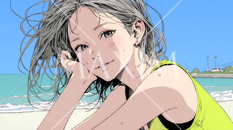 夏の南国の海辺を一人で旅行中の若い女性