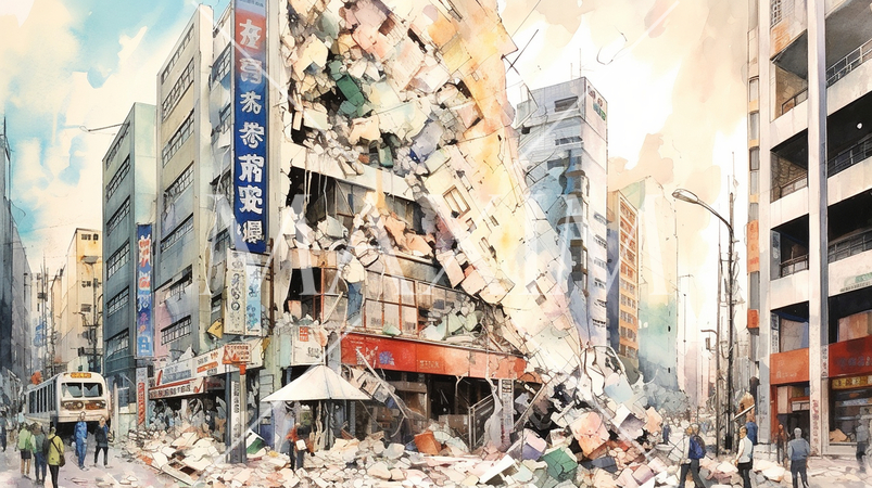 都市を直撃する地震：都市直下型地震の水彩画